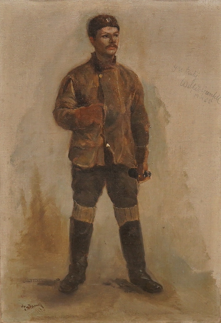 20th century School, oil on canvas, Full length study of a military gentleman, indistinctly signed and inscribed 'Yours truly, Wilfred Grenfell, MRCS, 44 x 30cm, unframed. Condition - good